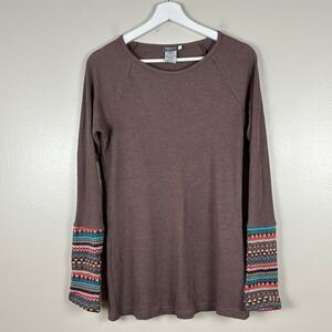 Earthbound Trading Co Women's L Waffle Knit Top Brown Boho Fair Isle Cuff Raglan